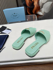 PRA SAFFIANO PATENT SLIDES OSTRICH MOTIF SEAFOAM CALFSKIN