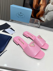 PRA SAFFIANO PATENT SLIDES OSTRICH MOTIF PINK CALFSKIN