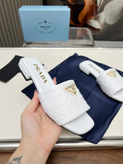 PRA SAFFIANO PATENT SLIDES OSTRICH MOTIF WHITE CALFSKIN