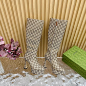 PLATFORM KNEE BOOTS IN ECRU BEIGE MONOGRAM CANVAS AND SHEEPSKIN LINING