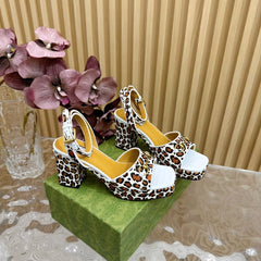 HORSEBIT HIGH-HEEL SANDAL WITH LEOPARD PRINT IN WHITE VELVET AND CALFSKIN LINING