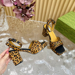 HORSEBIT HIGH-HEEL SANDAL WITH LEOPARD PRINT IN PEANUT BROWN VELVET AND CALFSKIN LINING