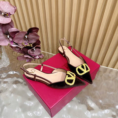 VALENTINO 25S FLAT SLINGBACKS IN DARK BROWN VELVET WITH GOLD HARDWARE