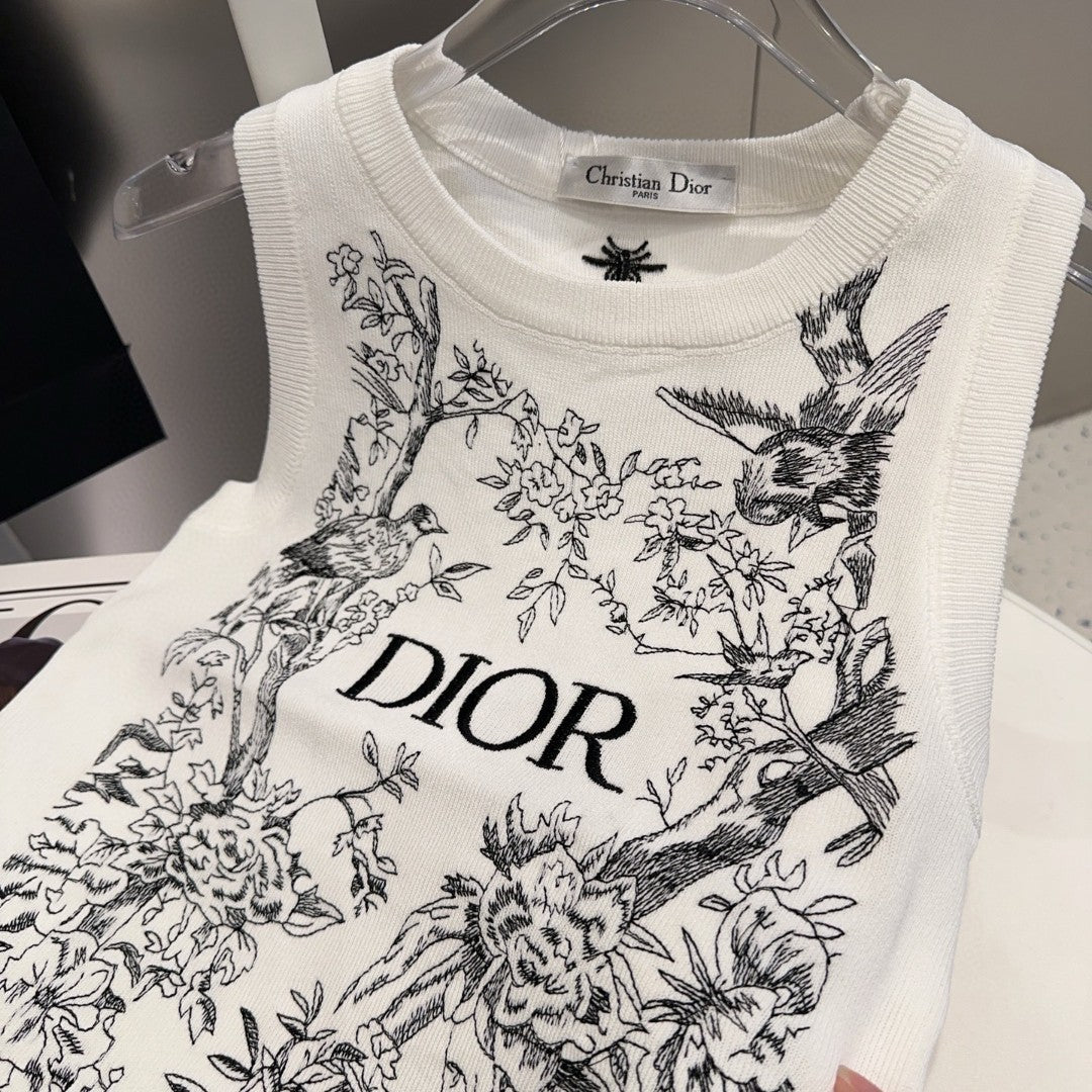 KNITTED TANK TOP 643231 IN WHITE COTTON JERSEY BLACK BIRD AND FLORAL PATTERN