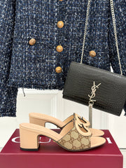 MID-HEEL MULE IN BEIGE CALFSKIN AND FABRIC