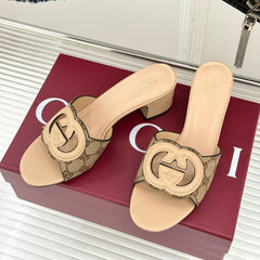 MID-HEEL MULE IN BEIGE CALFSKIN AND FABRIC