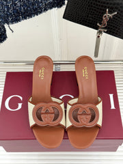 MID-HEEL MULE IN BROWN CALFSKIN AND CREAM WHITE FABRIC