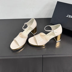 BLOCK HEEL SANDALS WHITE SHEEPSKIN