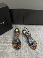 YSL WEDGE THONG SANDALS 25S IN LEOPARD LAMBSKIN WITH GOLD HARDWARE