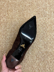 PRADA 26S POINTED TOE PUMPS 50MM IN DARK BROWN SUEDE
