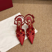 VALENTINO 26S OCKSTUD HEELS IN RED CALFSKIN