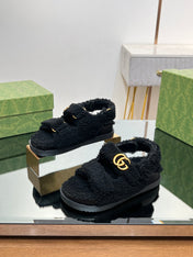 DAD SANDALS IN BLACK FLEECE WITH GOLD HARDWARE