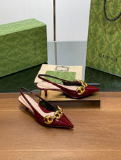GG MID-HEELED SLINGBACK 4.5 CM IN WINE RED GLOSSY CALFSKIN WITH GOLD HARDWARE
