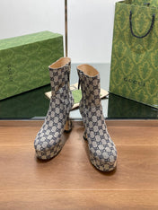 GG SHORT BOOTS 11.5 CM IN BLACK MIX BEIGE MONOGRAM JACQUARD FABRIC