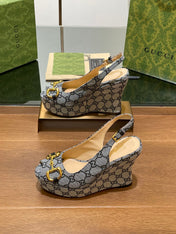 GG WEDGE PLATFORM IN STEEL GREY MONOGRAM JACQUARD FABRIC