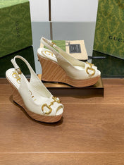 GG WEDGE PLATFORM IN WHITE CALFSKIN WITH GOLD HARDWARE