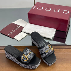 HIGH 6.3 CM WEDGE SANDALS IN BLACK CALFSKIN AND FABRIC