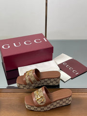 HIGH 6.3 CM WEDGE SANDALS IN BROWN CALFSKIN AND FABRIC