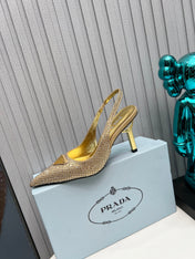 CRYSTAL SATIN HIGH-HEEL SLING BACK PUMPS GOLD
