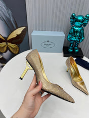 CRYSTAL HIGH-HEEL PUMPS IN GOLD SATIN WITH TRIANGLE LOGO