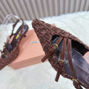 CROSS STRAP HIGH HEELED SLINGBACK IN CHOCOLATE TWEED