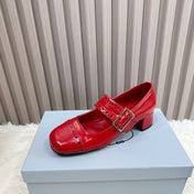 PRADA 26S ROUND TOE MARY JANE 40MM IN RED PATENT CALFSKIN WITH STUD DETAIL