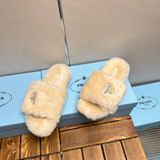 THICK-SOLED FUR SLIDES TUSCAN BEIGE WITH TRIANGLE LOGO