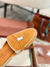 Loro Piana Salmon White Suede Charms Walk Flat Mules