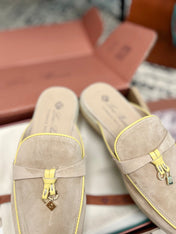 Loro Piana Beige Yellow Suede Charms Walk Flat Mules