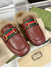 HORSEBIT MULE WITH WEB IN WINE RED CALFSKIN MIX MINK FUR