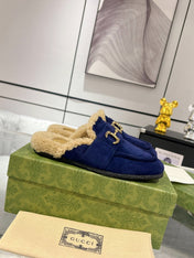 HORSEBIT MULE IN ROYAL BLUE SUEDE AND FLEECE LINING