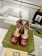 HIGH SANDAL SQUARE HEEL 12 CM IN CHERRY RED CALFSKIN