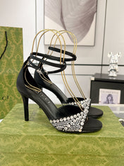 GG CRYSTAL BLACK HIGH HEEL SANDALS SATIN