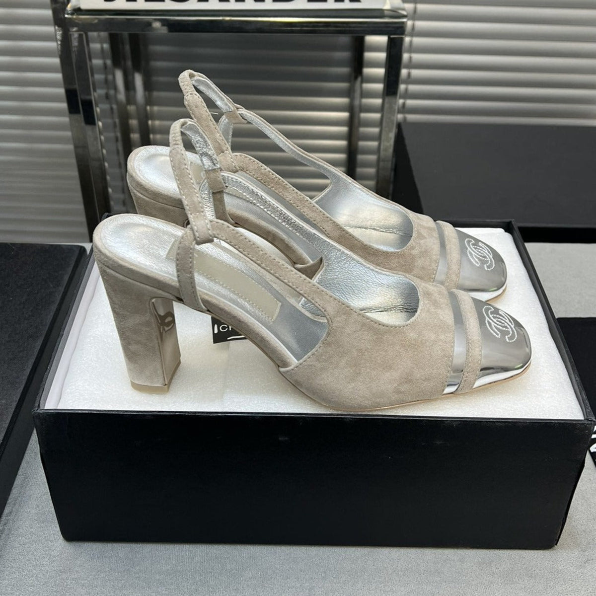 slingback grey suede silver metalic lambskin square toe 9.5