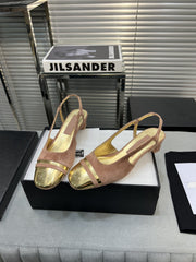 slingback rose suede gold metalic lambskin square toe 5.0