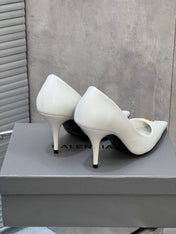 BALENCIAGA 25S HIGH-HEEL SHOES 85 MM IN WHITE COW LEATHER WITH GOLD HARDWARE