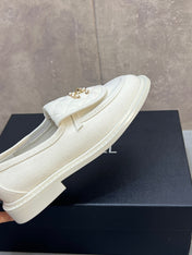 CHANEL 26S LOAFERS IN WHITE CANVAS WITH QUILTED FLAP & CHAIN CC LOGO