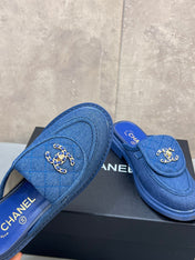 CHANEL 26S MULE LOAFERS IN BLUE DENIM WITH QUILTED FLAP & CHAIN CC LOGO