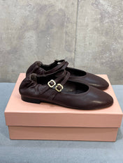 MIUMIU 26S DOUBLE STRAP MARY JANE FLATS IN DARK BROWN SHEEPSKIN