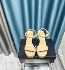 Chunky Heel Rhinestone High Sandals Beige Cream Lambskin