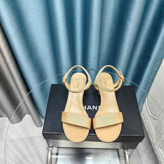 Chunky Heel Rhinestone Sandals Beige Cream Lambskin