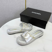 CHANEL 26S PLATFORM SLIDES IN SILVER LAMBSKIN WITH CC LOGO