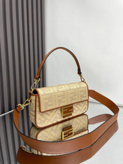 Fend Baguette Gold Tan Canvas Bag 27 with FF Embroidery Ghw