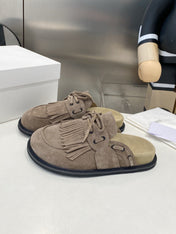 THE ROW 26S FRINGE LACE UP MULES IN TAUPE BROWN SUEDE