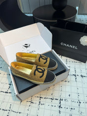 ESPADRILLES LOAFERS IN METALIC GOLD TWEED AND BLACK SATIN