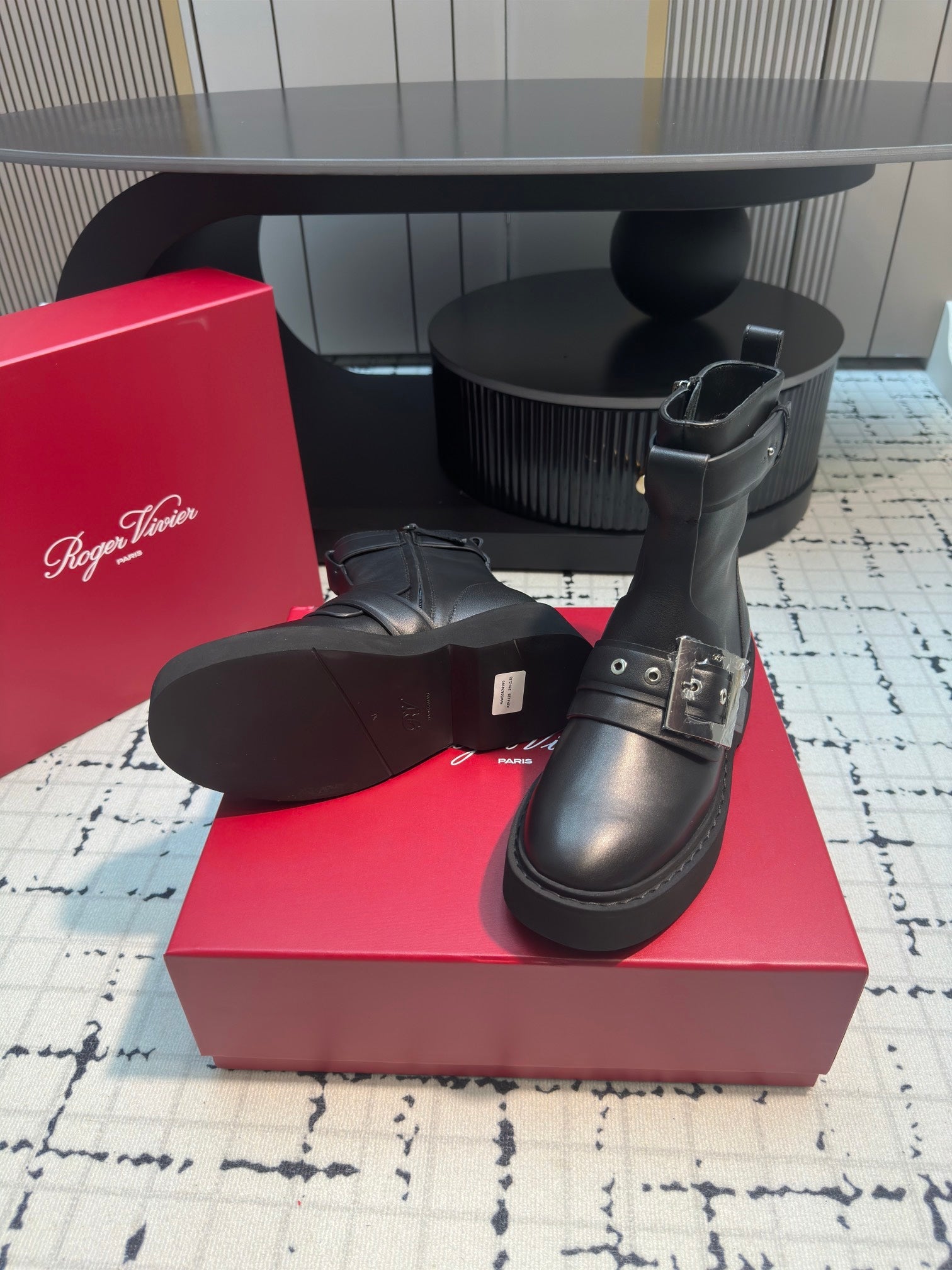 VIV' RANGERS BIKER BOOTIES IN BLACK CALFSKIN WITH METAL BUCKLE