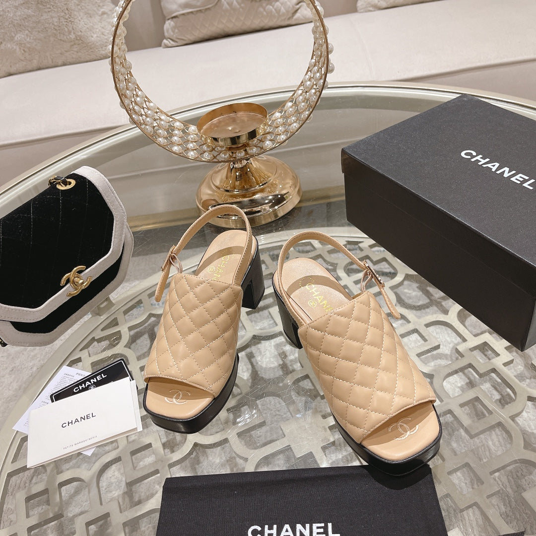 Double C  Chunky Heel Peep-Toe Open Sandals Beige Cream Lambskin