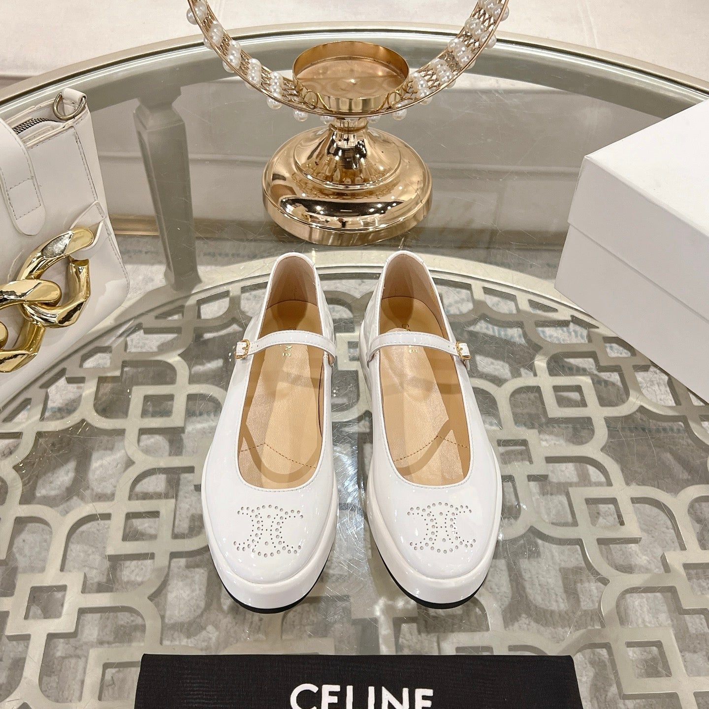 CLARA WEDGE MARY-JANE BALLERINA IN WHITE PATENT CALFSKIN