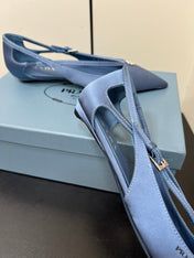 CUT-OUT BALLERINA FLAT IN PERANO BLUE SATIN ATTACHED BEAD BUCKLE