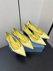 CUT-OUT PUMPS WITH BEAD BUCKLE IN LIGHT YELLOW SATIN